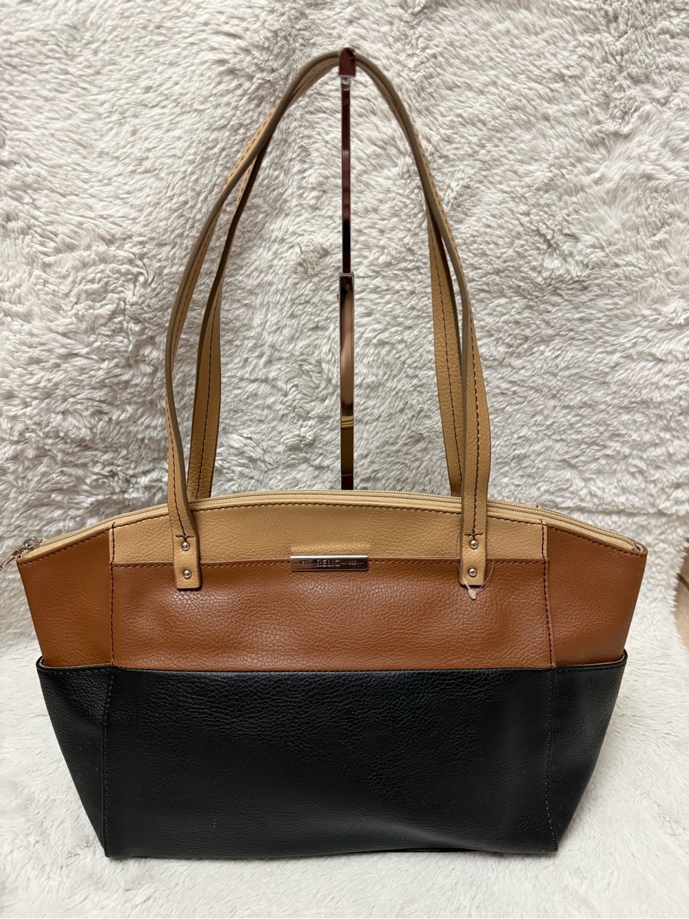 Y2K Relic by Fossil-Three-Tone Leather Shoulder Tote - Black, Brown & Tan
